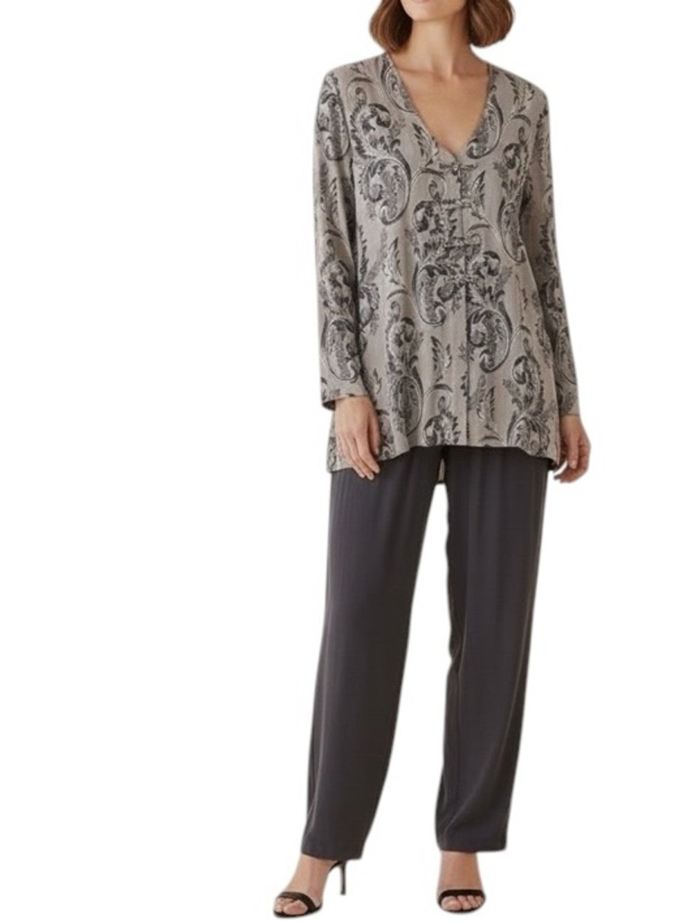 vintage 90s  Scarlet tunic blouse beige black taupe damask Mandarin closure